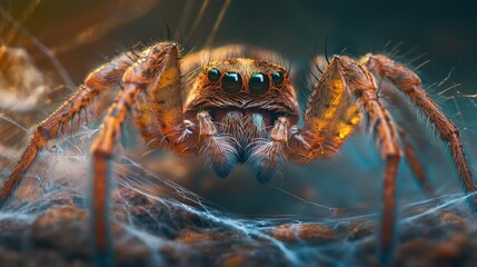 Close-up hairy spider web, intense colors.