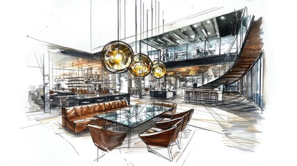 Aufkleber - Modern interior design sketch of a restaurant with elegant lighting and furniture.
