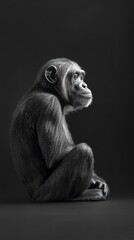 Aufkleber - A monochrome portrait of a chimpanzee in a thoughtful pose against a dark background.