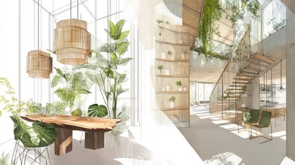 Poster - A modern interior design showcasing greenery, natural materials, and open spaces.