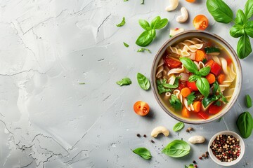 Poster - Top down view of Italian minestrone soup with pasta on a bright table with room for text