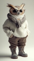Poster - A stylish owl dressed in a cozy sweater, scarf, and boots, posing with a fashionable flair.