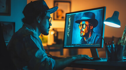 Poster - A male graphic designer edits a vibrant portrait on his computer late at night.  The image on the screen is bold and colorful, mirroring the warm and cool lighting of his workspace.