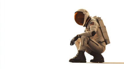 Aufkleber - A crouching astronaut in a spacesuit against a white background, symbolizing exploration.