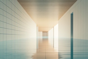 Poster - A flooded corridor with reflective surfaces and a serene atmosphere.