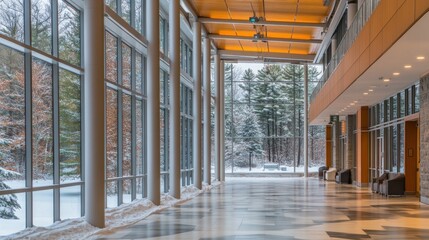 Poster - A spacious, modern hallway with large windows showcasing a snowy landscape outside.