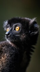 Poster - Close-up portrait of a lemur with striking yellow eyes against a blurred background.