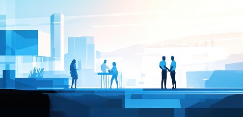 Poster - Abstract illustration of business people interacting in a modern urban setting.
