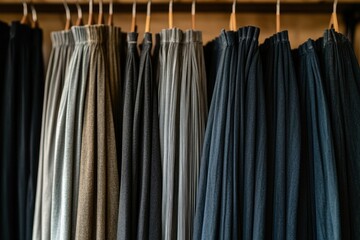 Poster - A collection of pleated skirts in various colors hanging on wooden hangers.