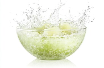 Poster - A glass bowl with melon pieces splashing in water, showcasing freshness and vitality.