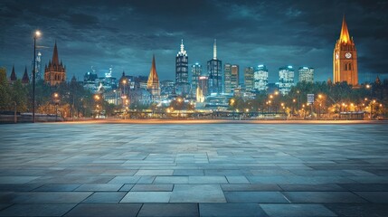 Poster - Nighttime city skyline with illuminated buildings and a clear sky.