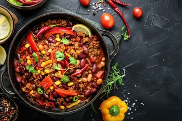 Poster - Top view of chili con carne in pot on black table a Mexican dish with beans