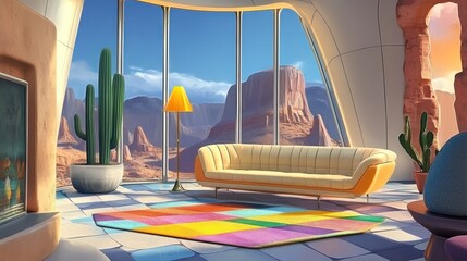 Poster - A modern interior with a colorful rug, couch, and desert landscape view through large windows.