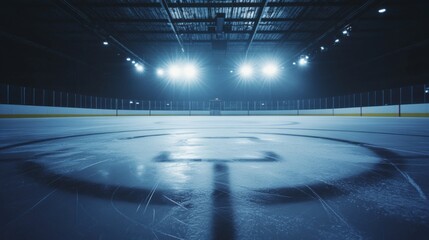 A hockey rink's faceoff circle with ice markings, indoor setting with bright arena lights, Bold style