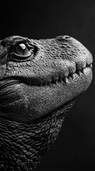 Poster - A detailed black-and-white depiction of a reptilian creature's head, showcasing texture and form.