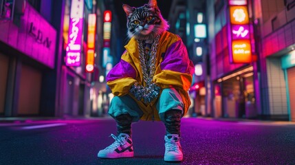 Leinwandbilder - A stylized anthropomorphic cat in urban streetwear poses in a neon-lit cityscape.