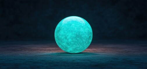 Poster - A luminous turquoise sphere illuminated in a dark ambient space.