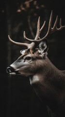 Aufkleber - A close-up of a majestic deer with antlers, set against a dark, natural background.