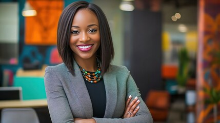 Poster - A confident professional woman smiling with arms crossed in a modern office setting.
