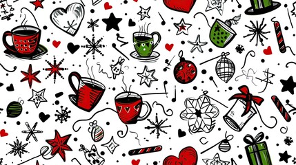 Canvas Print - White background, a Christmas-themed pattern with red and green snowflakes