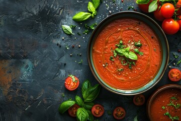 Poster - Top view of tomato soup with roasted tomatoes white background