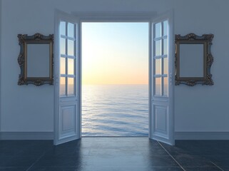 Poster - Open doors reveal a serene ocean view at sunset, creating a tranquil atmosphere.