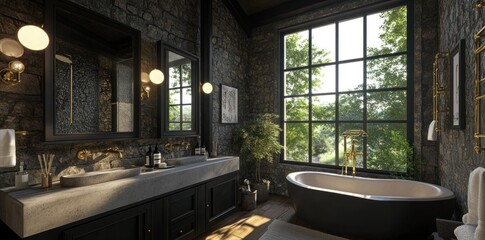 Poster - A modern bathroom featuring stone walls, large windows, and a freestanding tub.