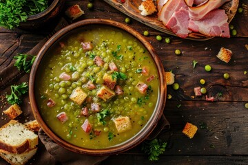 Poster - Traditional homemade split pea soup with bacon croutons greens ham on vintage table Rustic style natural light