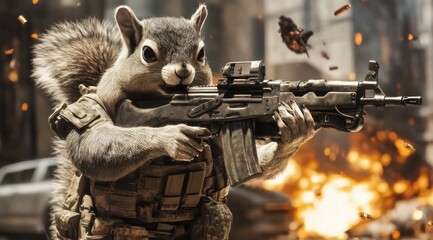 Poster - A cartoonish squirrel in military gear aiming a rifle amidst explosions.
