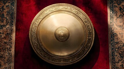 Ornate golden shield on red fabric.