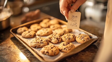 Wall Mural - A warm and inviting image of a person baking homemade cookies, with a tray of freshly baked treats and a personalized gift tag ready to be attached 