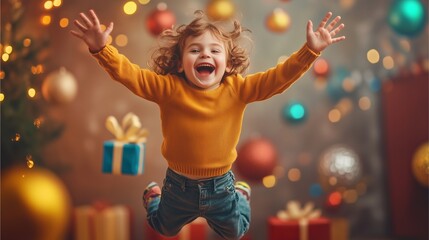 Wall Mural - child jumping with joy after receiving a present,