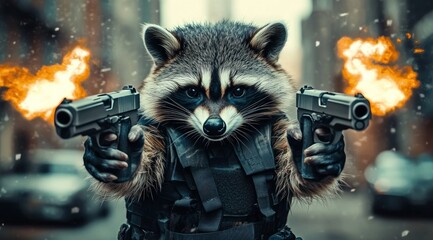 Poster - A raccoon in tactical gear brandishes guns in an urban setting, evoking a playful yet intense scene.