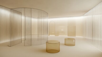 Poster - A minimalist interior space featuring soft lighting and transparent structures.