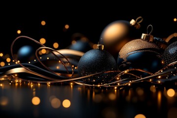 Wall Mural - Festive black and gold Christmas ornaments with shimmering lights for holiday decoration