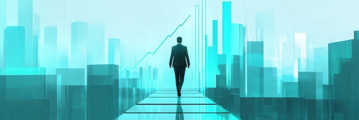 Poster - A silhouette of a person walking towards a rising graph amidst a modern cityscape.