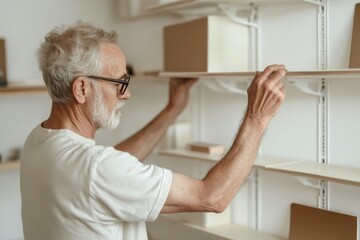 Wall Mural - Senior man organizing shelves in a minimalist workshop during daylight hours