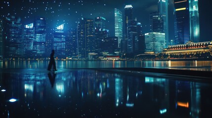 Poster - A serene night view of a city skyline reflecting on water, with a figure walking along the shore.