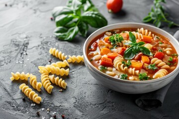 Poster - Vegan minestrone soup with vegetables and pasta in bowl on gray background Ample space for text