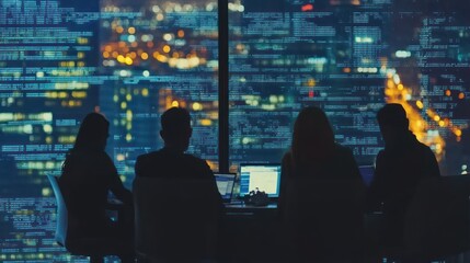Aufkleber - A group of professionals collaborating at night with a city skyline and digital data backdrop.