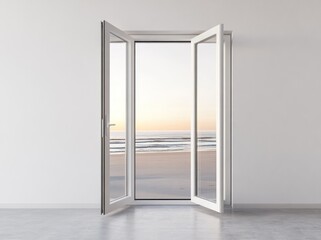 Poster - A modern room with open windows showcasing a serene beach at sunset.