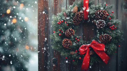 Sticker - Christmas wreath on a wooden door, decorated with pine cones