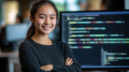 Aufkleber - A young woman smiles confidently in front of a computer screen displaying code.