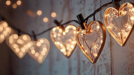 Poster - The concept of Valentine's Day, a banner with garlands in the form of hearts and magic lights for a holiday filled with love. A place for the text.