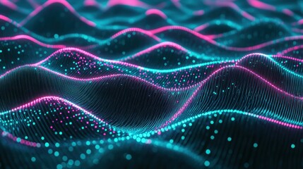 Aufkleber - Abstract digital waves with glowing particles in vibrant colors.
