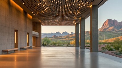 Poster - Modern architectural space with a scenic mountain view, blending nature and design.