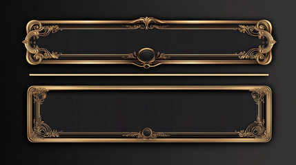 Poster - Game ui long button with thin gold frame. Rectangular medieval border with golden metal ornament for title and menu design. 3d vector set of luxury vintage text sign board with art deco elements.