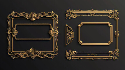 Poster - Game ui long button with thin gold frame. Rectangular medieval border with golden metal ornament for title and menu design. 3d vector set of luxury vintage text sign board with art deco elements.