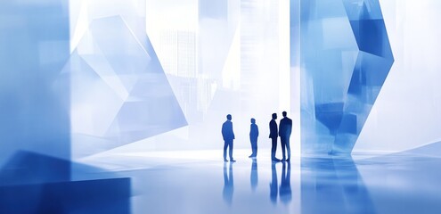 Poster - Silhouetted figures in a modern, abstract environment with blue geometric shapes.