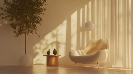 Poster - A serene interior scene with soft lighting, a cozy chair, and a decorative plant.